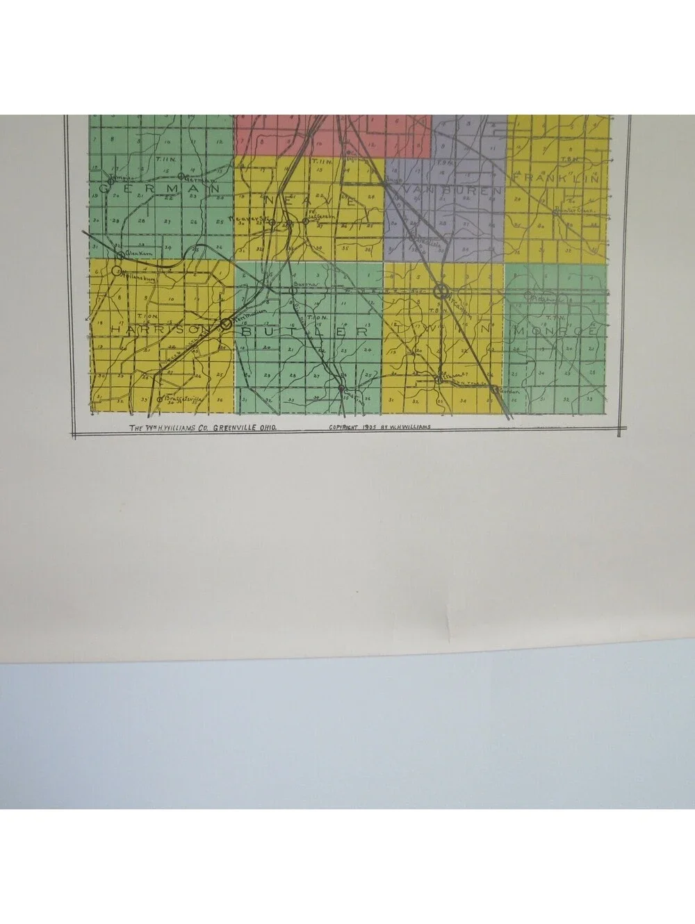 Antique 1908 Darke County Ohio Map, LARGE Railroad & Township Color Map 27x22 A